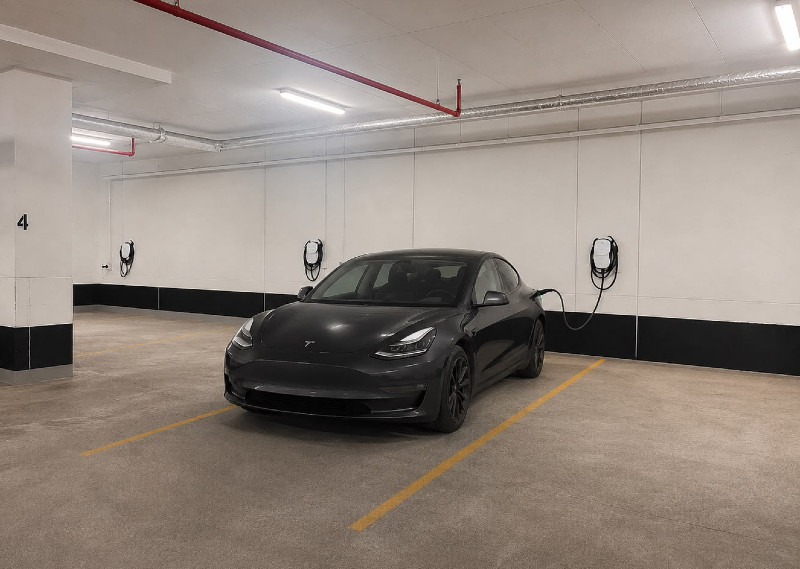 Tesla vehicle charging in a condo parking garage